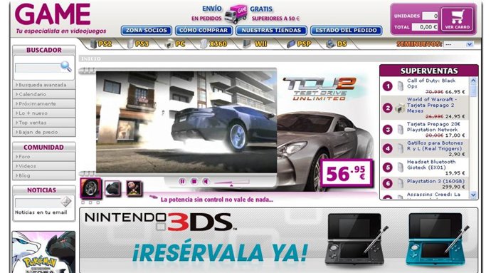 Página web de la tienda de videojuegos Game