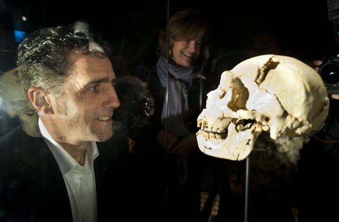 El ex ciclista Miguel Induráin frente al cráneo 'Miguelón' del Museo de la Evolu