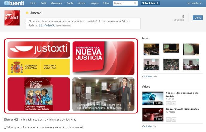 Página en Tuenti del Ministerio de Justicia