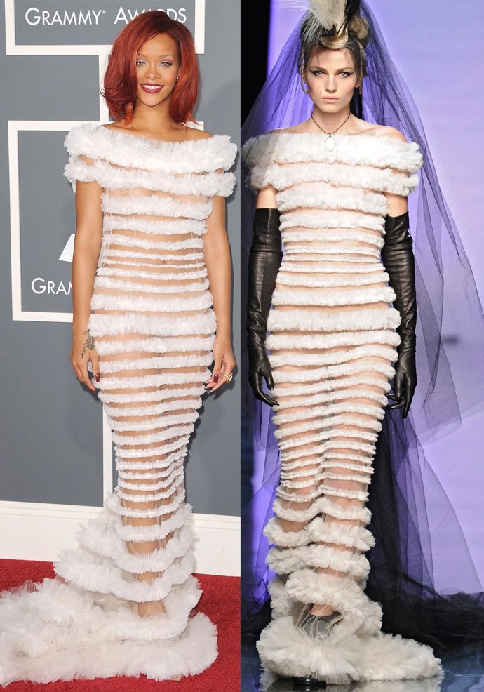 Montaje de Rihanna y un modelo con el mismo diseño nupcial de Jean Paul Gaultier
