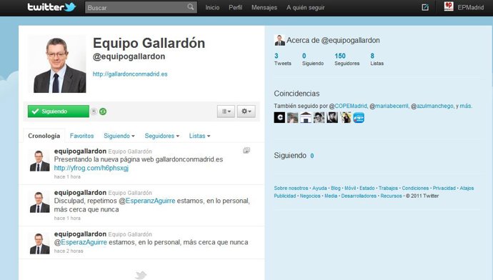 Twitter de Gallardón con mensaje de ánimo a Esperanza Aguirre