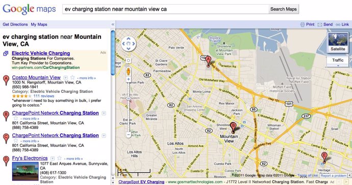 Pantalla de Google Maps con centros para recargar coches eléctricos desde Google