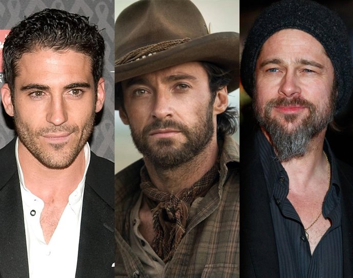 Montaje de Miguel Angel Silvestre, Hugh Jackman y Brad Pitt, luciendo barba 