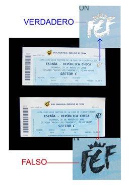 Comparativa entradas falsas y originales para el partido de la Selección Español