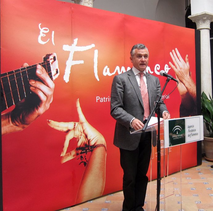 El consejero Paulino Plata presentando hoy el balance de actividades de flamenco