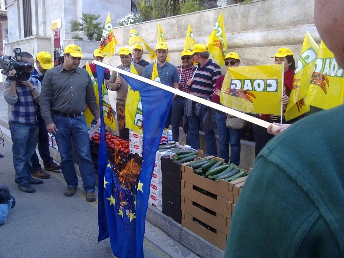 Agricultores queman una bandera de la UE frente a la Subdelegación del Gobierno