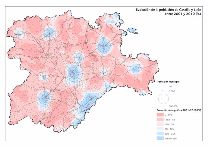Mapa sobre la evolución de la población en Castilla y León