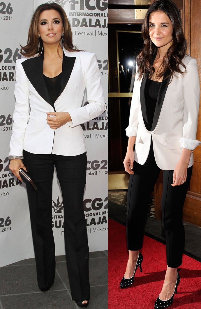 Montaje de Eva Longoria y Katie Holmes, vistiendo prácticamente iguales 