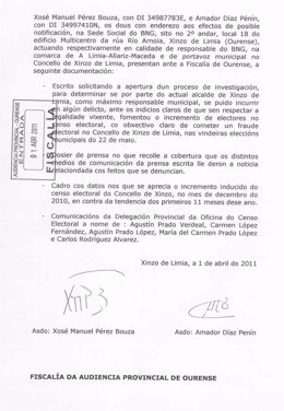 DOCUMENTACION DENUNCIA BNG FISCALÍA OURENSE POLO CENSO DE XINZO DE LIMIA