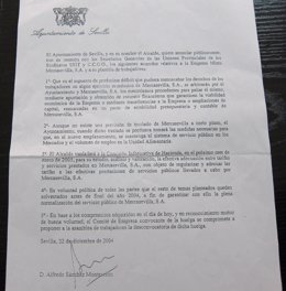 Documento firmado por el alcalde sobre Mercasevilla.