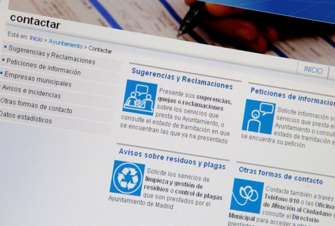 Menú de quejas en la página web del Ayuntamiento de Madrid