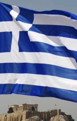 Recurso De La Bandera De Grecia Con El Partenón De Fondo
