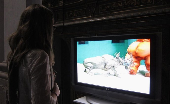 Una Espectadora Visita La Muestra 'Icons Of Video Art' En Valladolid.