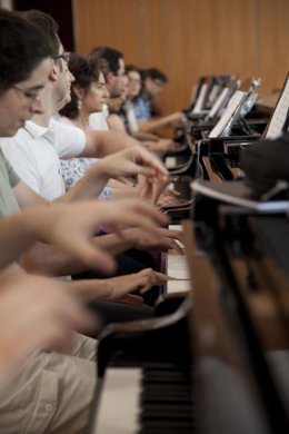 Imagen De La Veintena De Músicos Tocando Simultáneamente El Piano