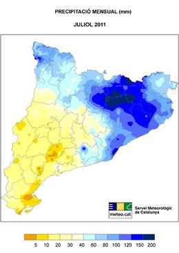 Mapa De Catalunya Con Las Lluvias Registradas En Julio De 2011