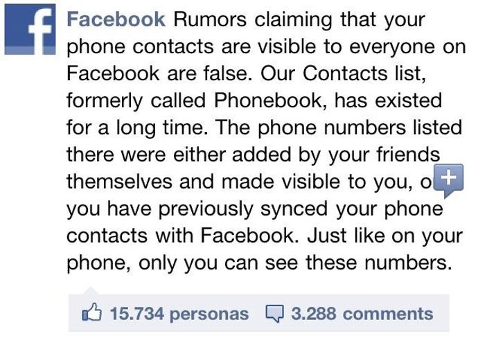 Mensaje De Facebook Sobre La Publicación De Números De Teléfono