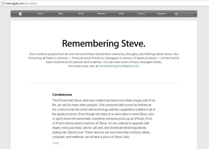 Página Web De Condolencias De Apple Para Steve Jobs 