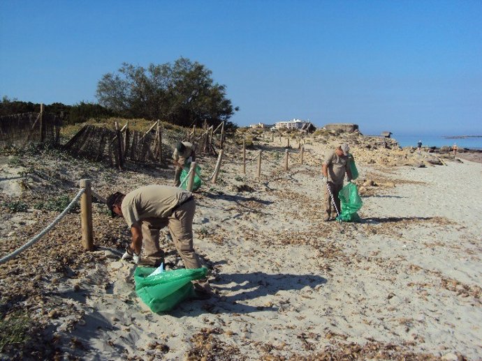 Dos Operarios Limpiando Una Playa