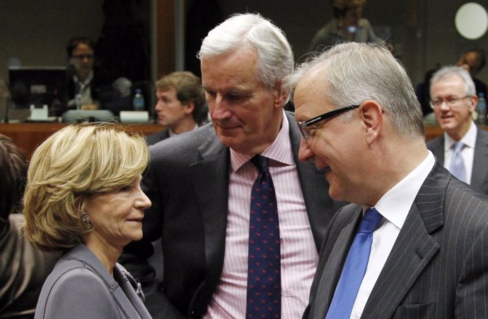 Elena Salgado Con Olli Rehn Y Michel Barnier