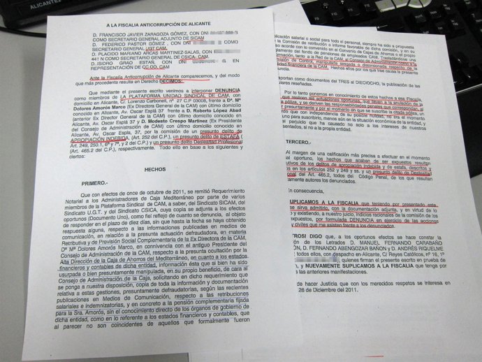 Imagen De La Denuncia Interpuesta Por Los Sindicatos CAM