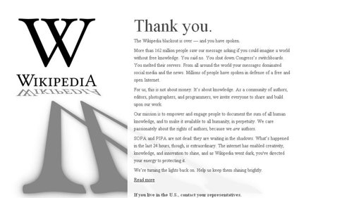 Agradecimiento De Wikipedia A Los Usuarios Ley SOPA