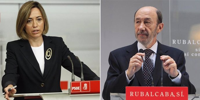 Montaje De Chacón Y Rubalcaba Con Atril Rojo Del PSOE