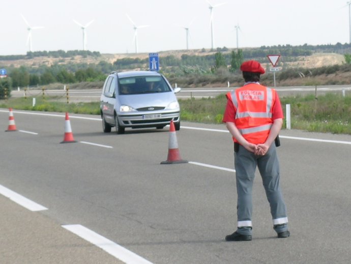 Un Agente De La Policía Foral Realizando Un Control De Tráfico. 