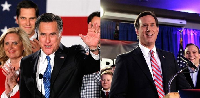 El Ex Gobernador De Massachusetts Mitt Romney Y El Ex Senador Rick Santorum, Pre