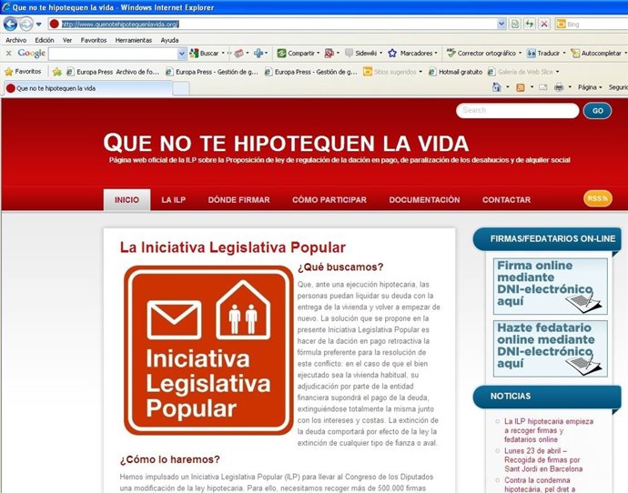 Web De La Iniciativa Legislativa Popular Hipotecaria De CC.OO. Y UGT