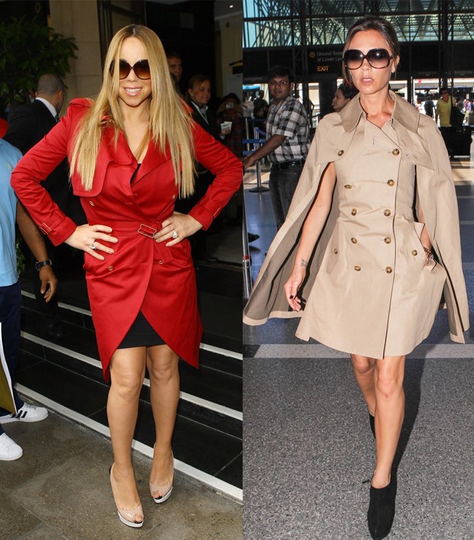 Montaje de Mariah Carey y Victoria Beckham luciendo gabardinas 