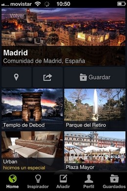 Menú principal de minube para iPhone