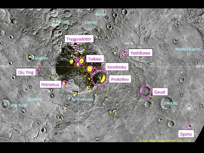 Nueve cráteres de Mercurio Gaudí, Kandinsky, Tolkien