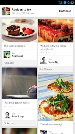 Aplicación de la red social Pinterest para Android