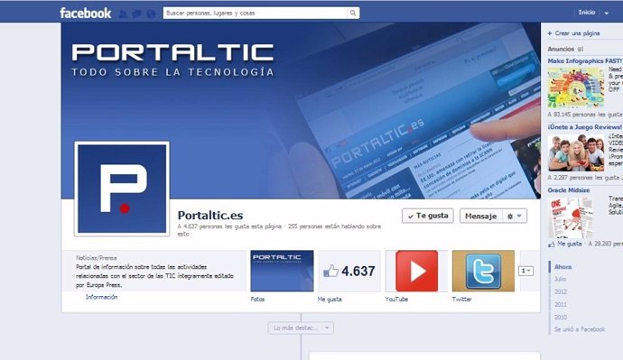 Perfil Biografía de Portaltic en Facebook