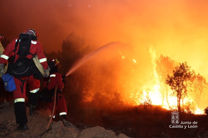 Efectivos de extinción de incendios luchan contra el fuego en Castrocontrigo