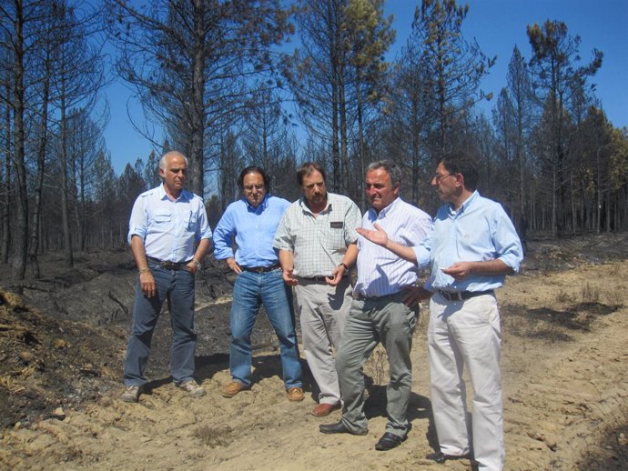 Representantes de la Diputación y Luis Aznar en la zona afectada por el incendio