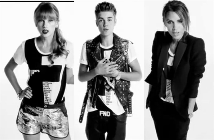 Montaje de Taylor Swift, Justin Bieber y Victoria Beckham 