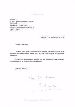 La carta de dimisión de Aguirre como presidenta de la Comunidad de Madrid