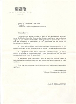 Escrito De Cotino A Los Presidentes De Las Comisiones Parlamentarias