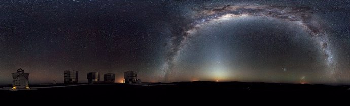 The Milky Way arches across this rare 360-degree panorama of the night sky above