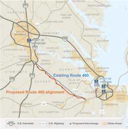 Trazado de la autopista que Ferrovial construirá en Virginia (EEUU)