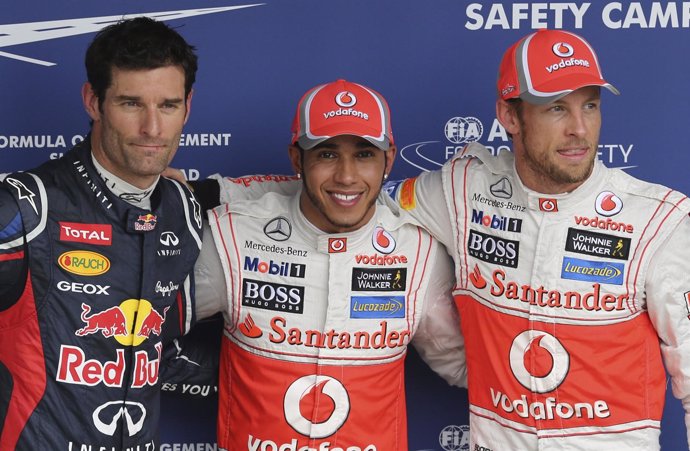 Webber, Hamilton y Button, en Brasil