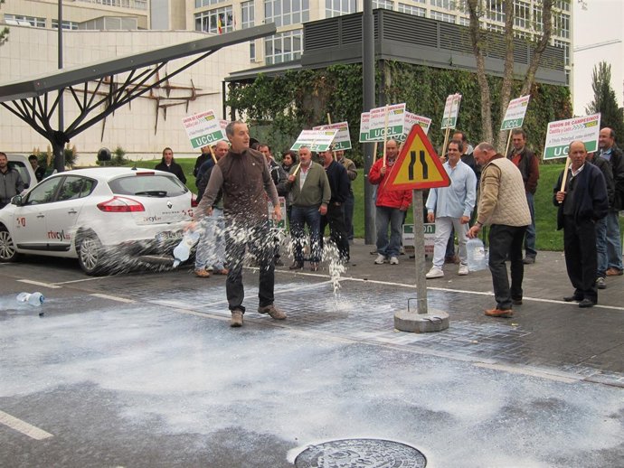 Un ganadero de vacuno derrama leche ante la Delegación del Gobierno