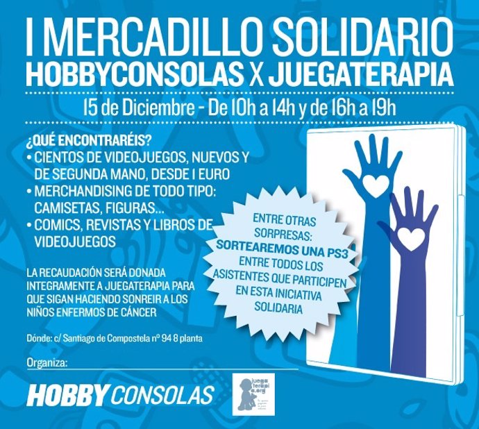 Cartel del mercadillo solidario de Hobby Consolas y Juegaterapia