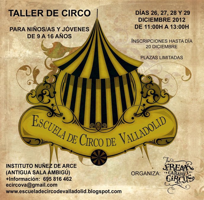 Cartel de los talleres de Navidad de la Primera Escuela de Circo de Valladolid.
