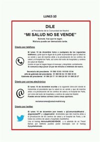 Lanzan una campaña animando a los madrileños a llamar hoy a González para pedir que no "venda" la salud