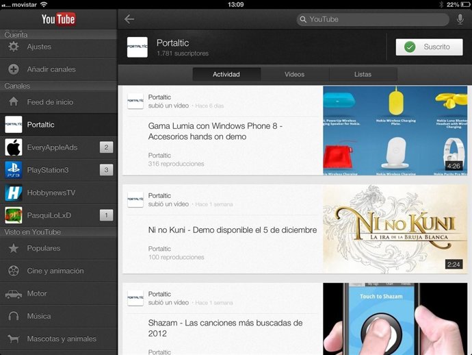 Aplicación de YouTube para iPad