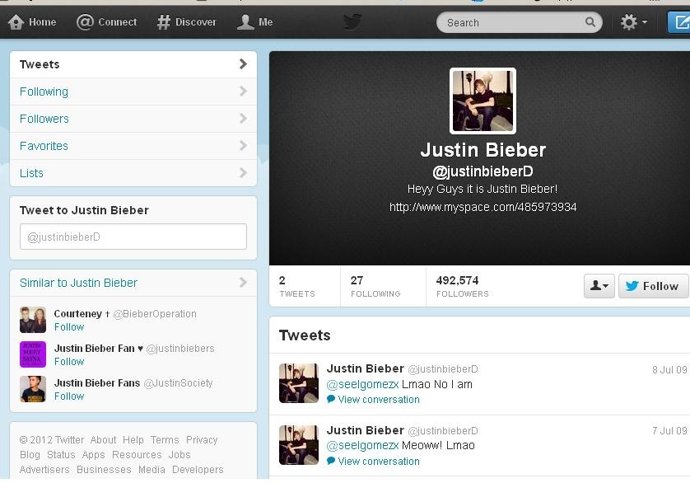 Twitter falso de Justin Bieber