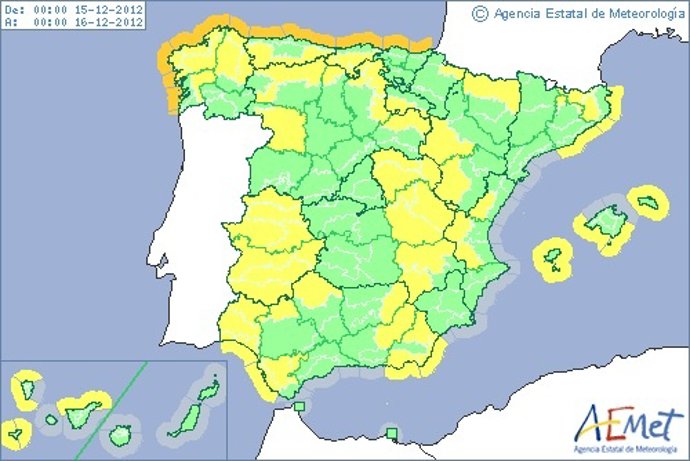 Mapa de avisos del sábado, 15 de diciembre.