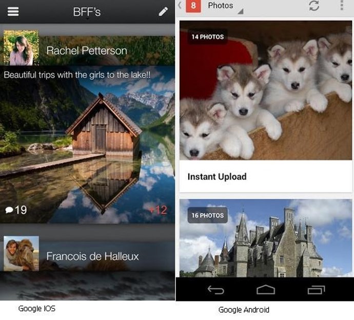 A la izq imagen de Google+ para iOS, a la dcha Google+ para Android
